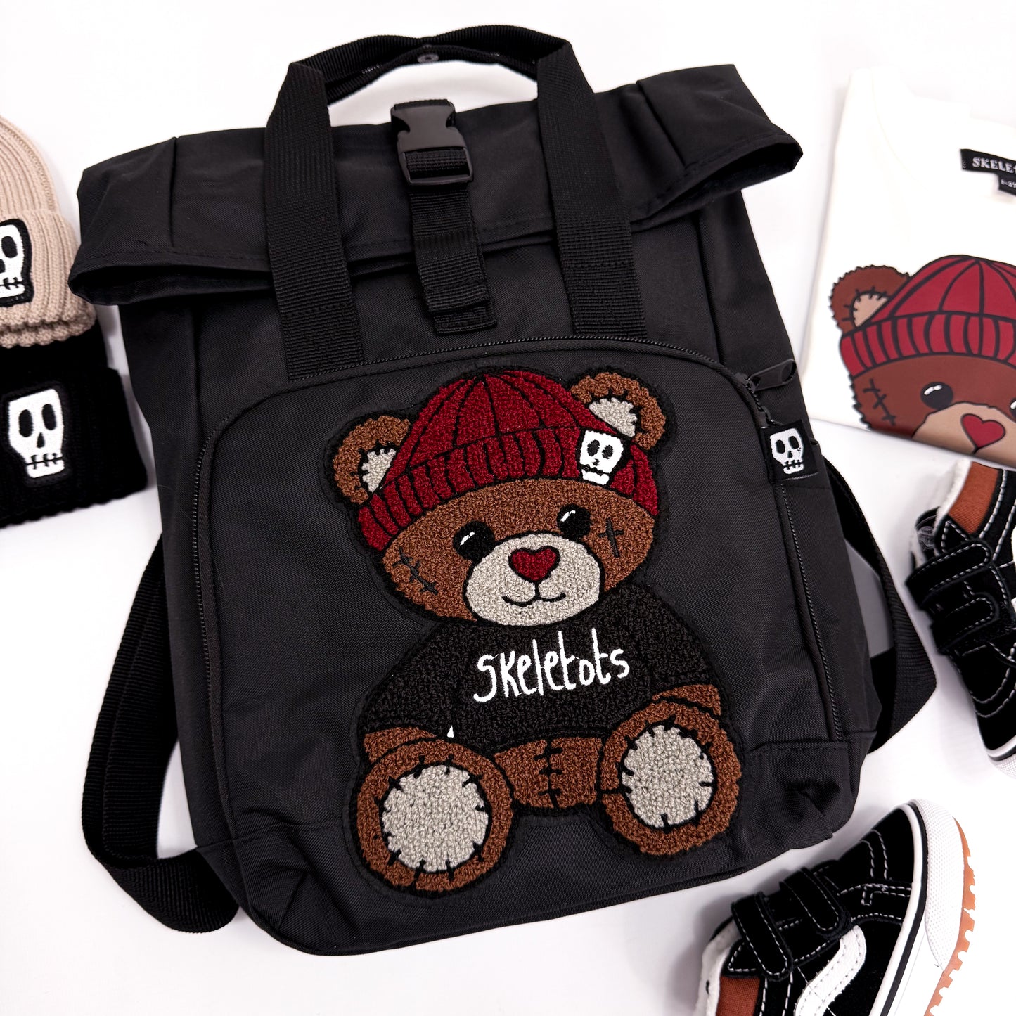 BEAR PATCH ROLL TOP BLACK BACKPACK BAG
