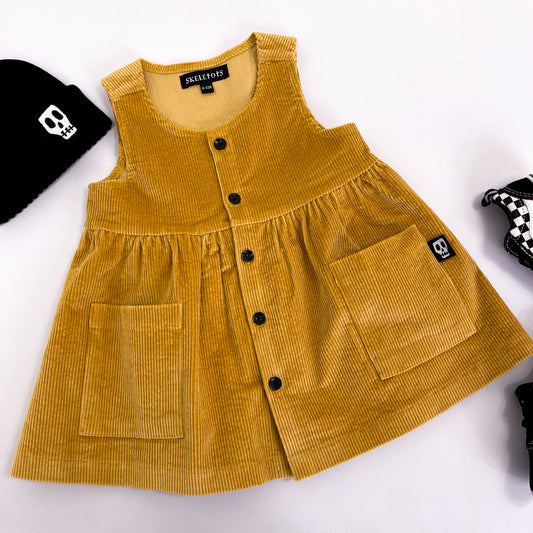 NOT SO BASIC MUSTARD CORD PINAFORE SMOCK DRESS