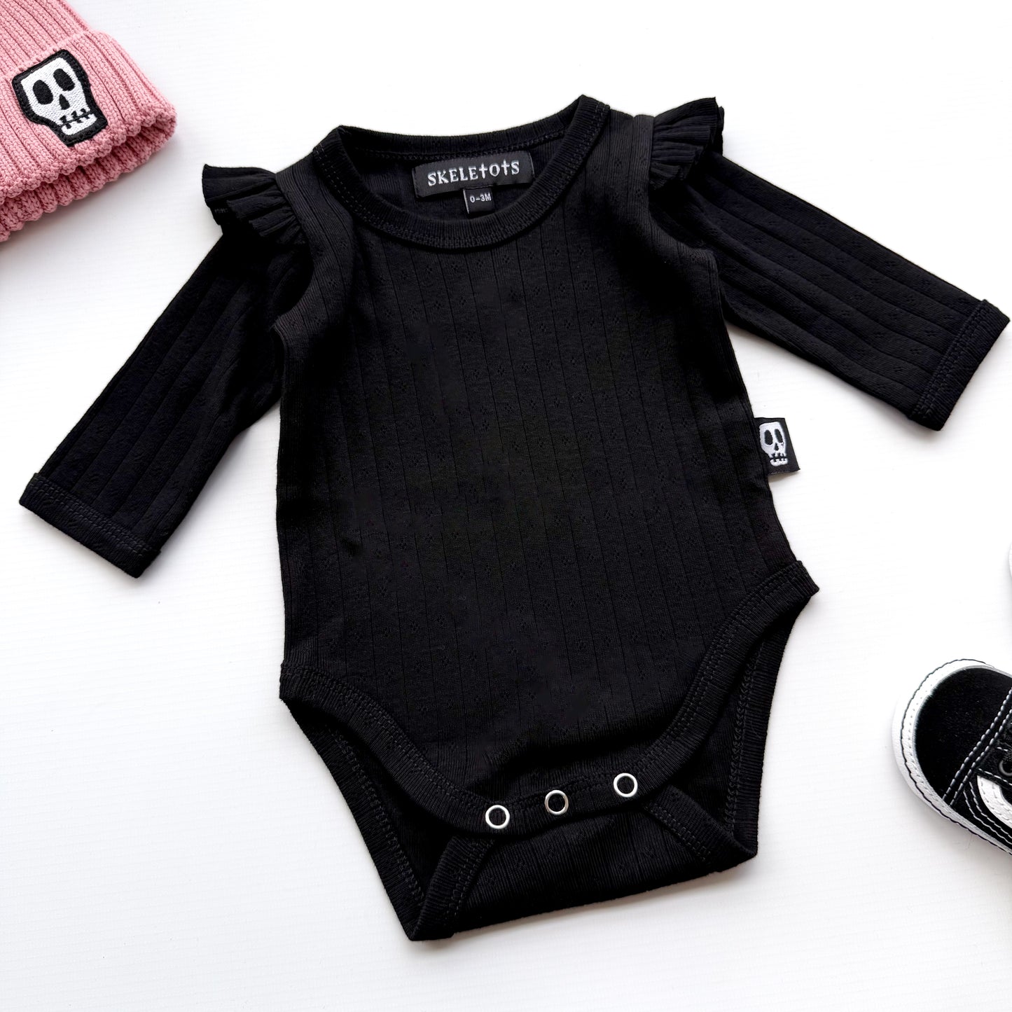 BABY POINTELLE FRILL SLEEVE BLACK BODYSUIT