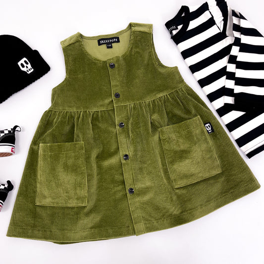 NOT SO BASIC OLIVE CORD PINAFORE SMOCK DRESS