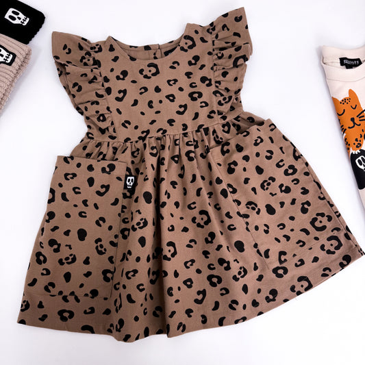 MOCHA LEOPARD PRINT FRILL SLEEVE DRESS