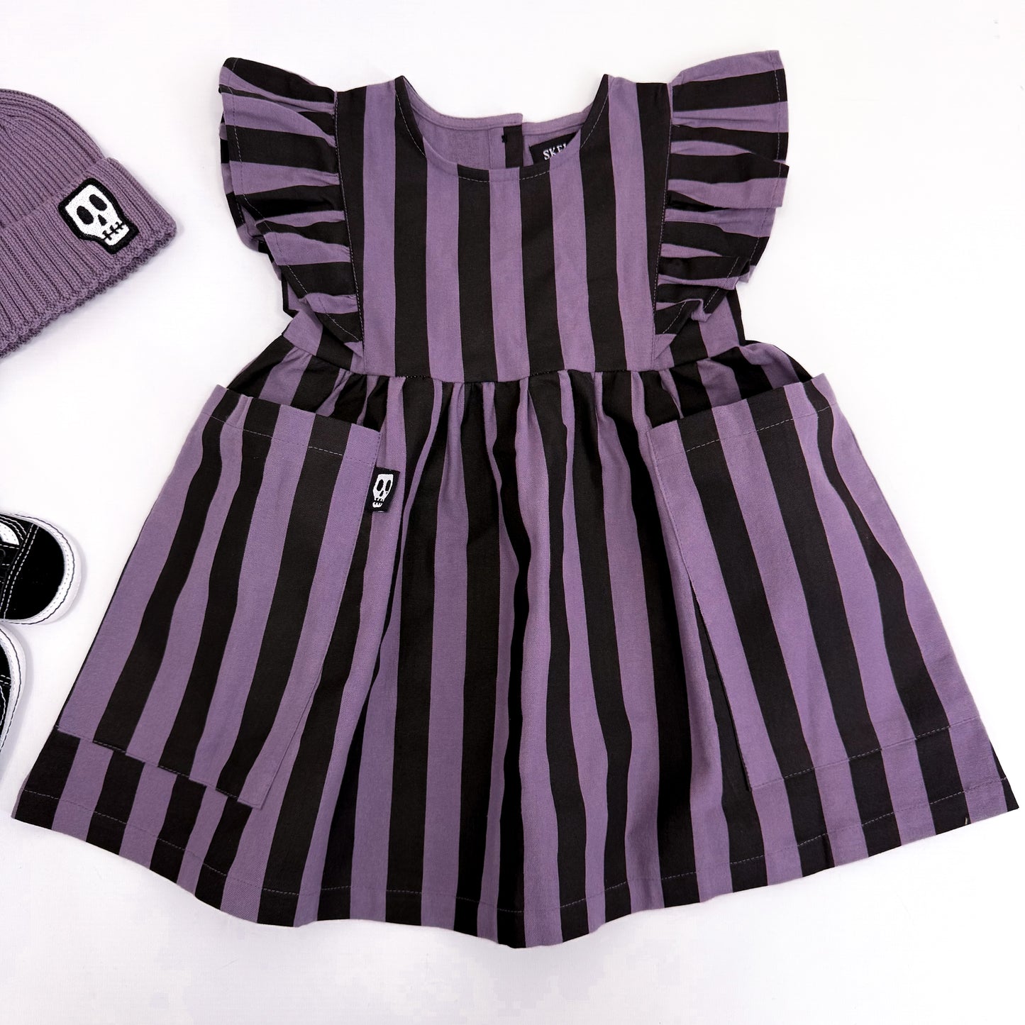 SMOKEY LILAC & BLACK STRIPE FRILL SLEEVE DRESS