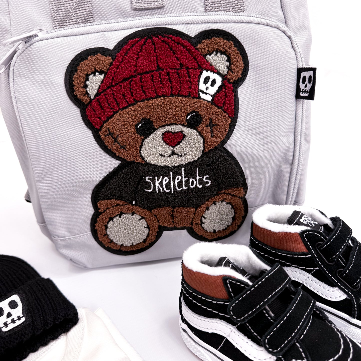 BEAR PATCH ROLL TOP GREY BACKPACK BAG