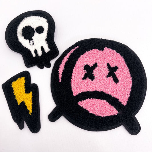 SEW ON PATCH PACK - SKULL, BOLT, SAD FACE