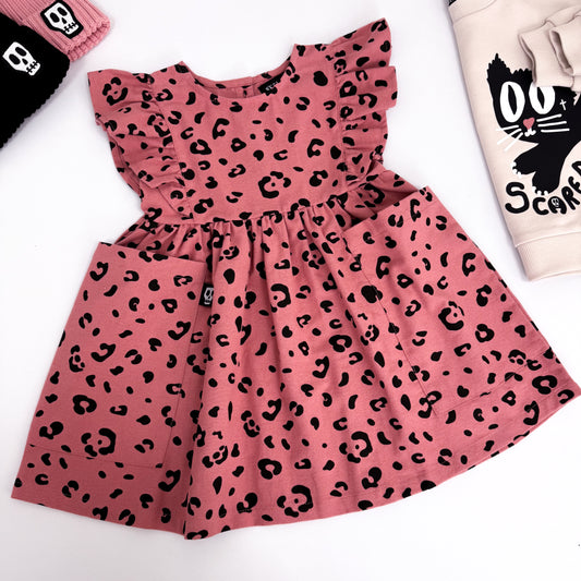 DUSKY PINK LEOPARD PRINT FRILL SLEEVE DRESS