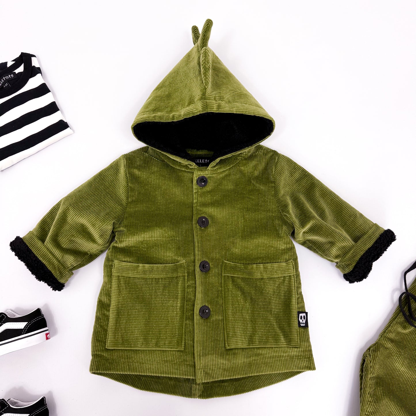 NOT SO BASIC CORD OLIVE GREEN DINOSAUR COAT