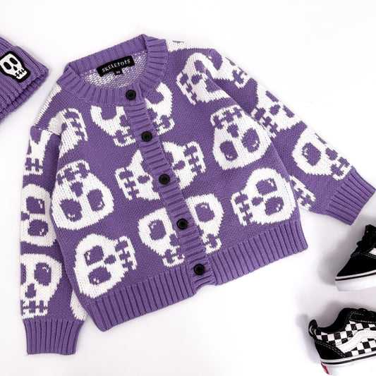SKELLY SKULL CHUNKY KNIT DUSKY LILAC CARDIGAN