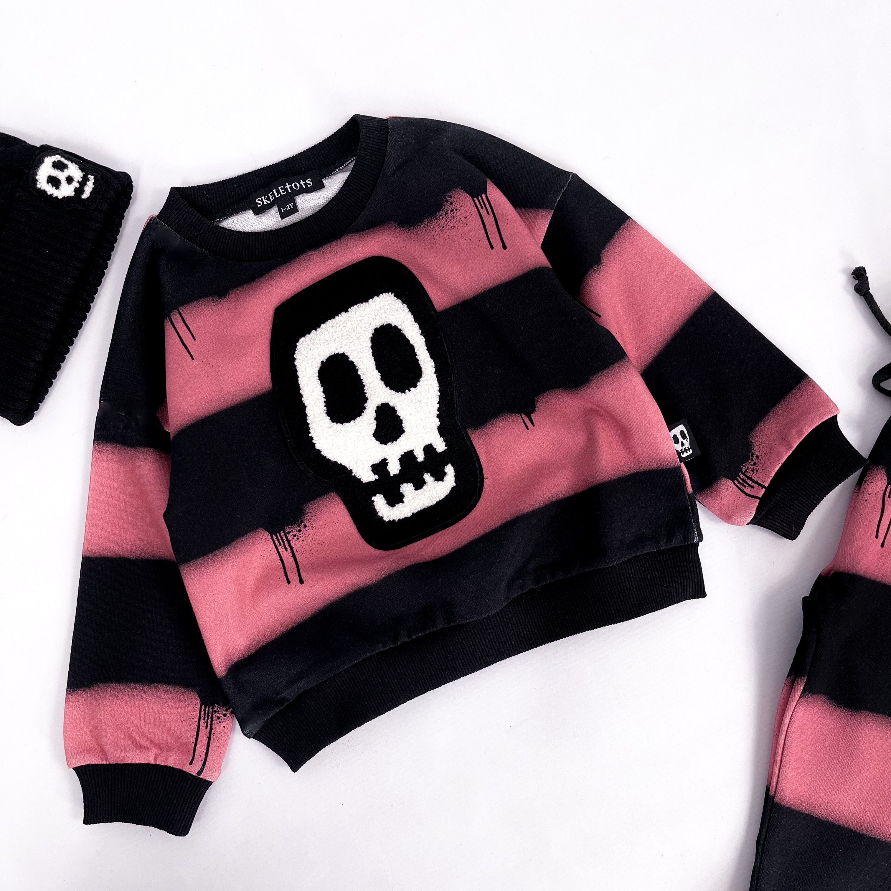 Kids Sweatshirt - Skelly Skull with Black & Pink Stripes