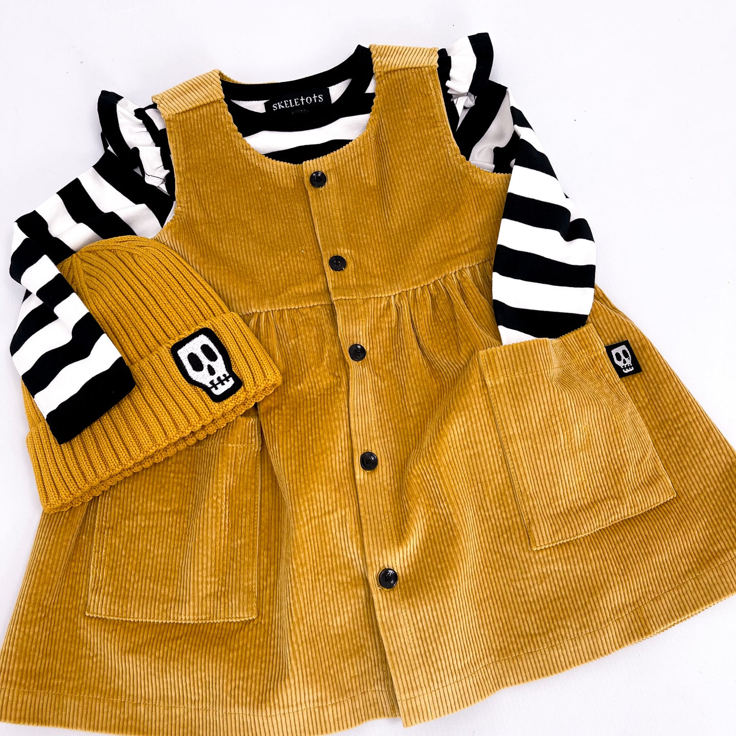 NOT SO BASIC MUSTARD CORD PINAFORE SMOCK DRESS