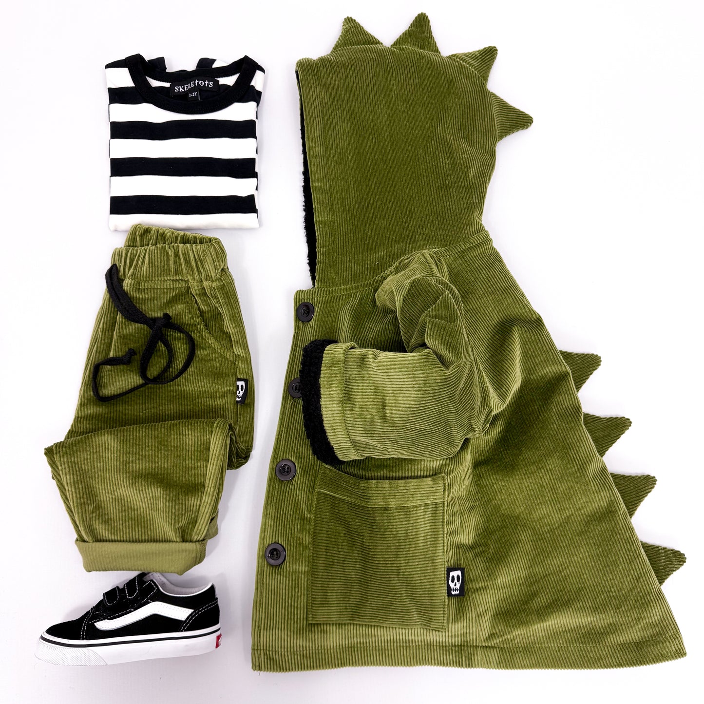 NOT SO BASIC CORD OLIVE GREEN DINOSAUR COAT