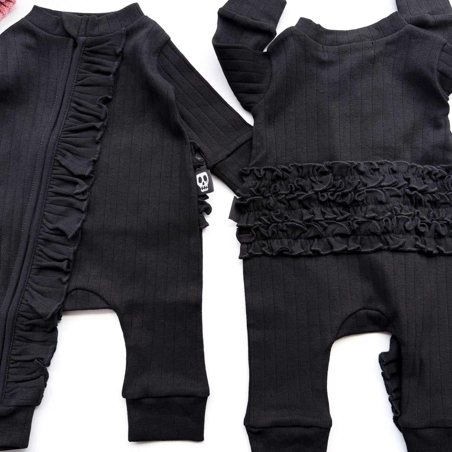 BABY POINTELLE BLACK ZIP UP FRILL FOOTLESS ROMPER