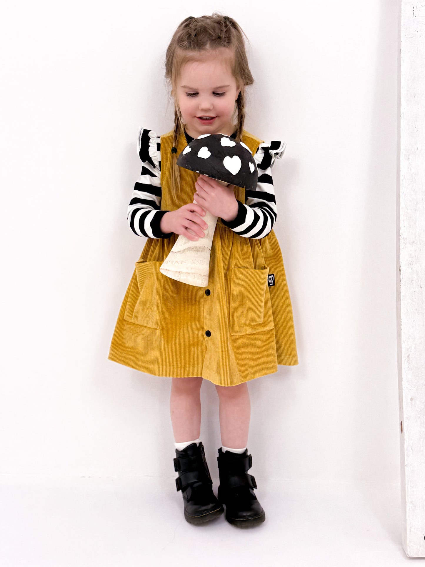 NOT SO BASIC MUSTARD CORD PINAFORE SMOCK DRESS