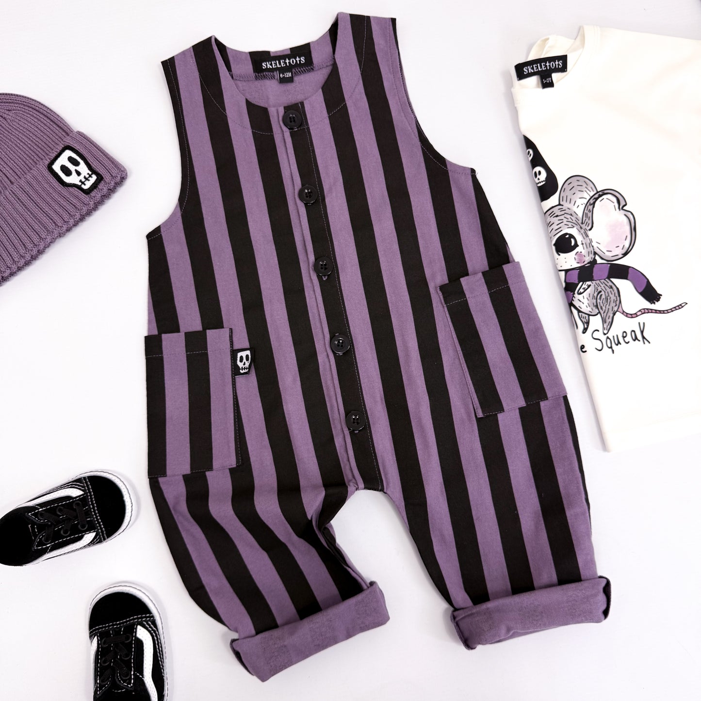SMOKEY LILAC & BLACK STRIPE OVERALL DUNGAREES