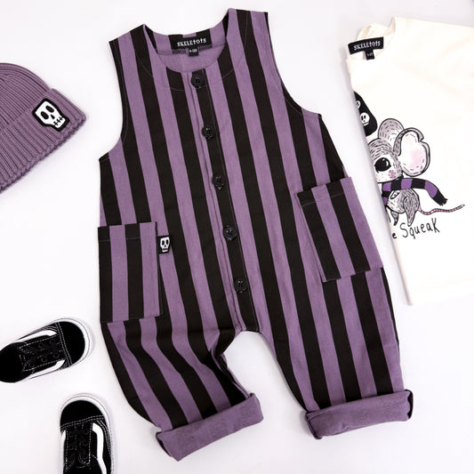 SMOKEY LILAC & BLACK STRIPE OVERALL DUNGAREES