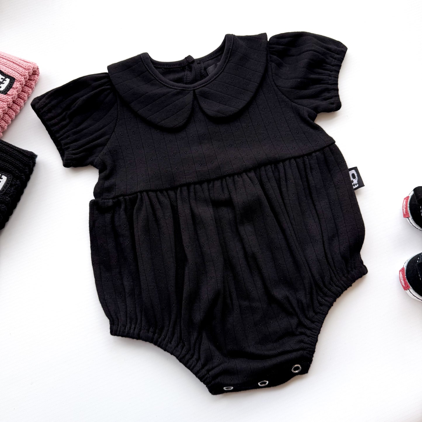 BABY POINTELLE BLACK COLLAR ROMPER