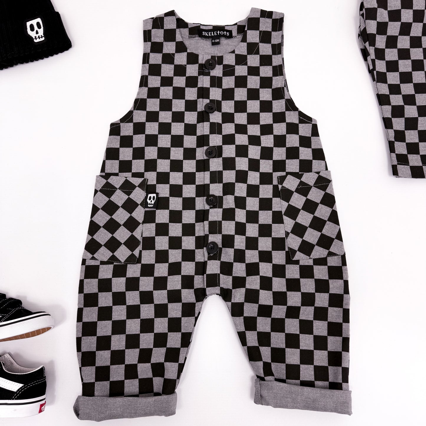 GREY & BLACK CHECKERBOARD OVERALL DUNGAREES