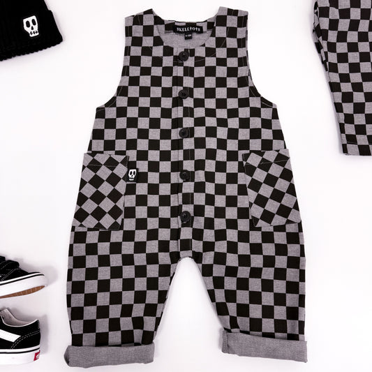 GREY & BLACK CHECKERBOARD OVERALL DUNGAREES