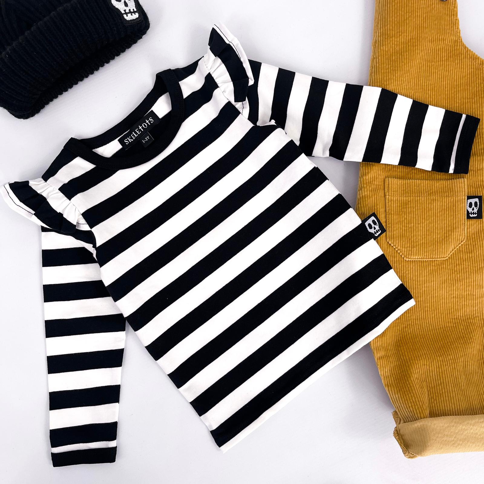 Kids Long Sleeved T Shirt - Striped Black & White with Frilled Sleeves