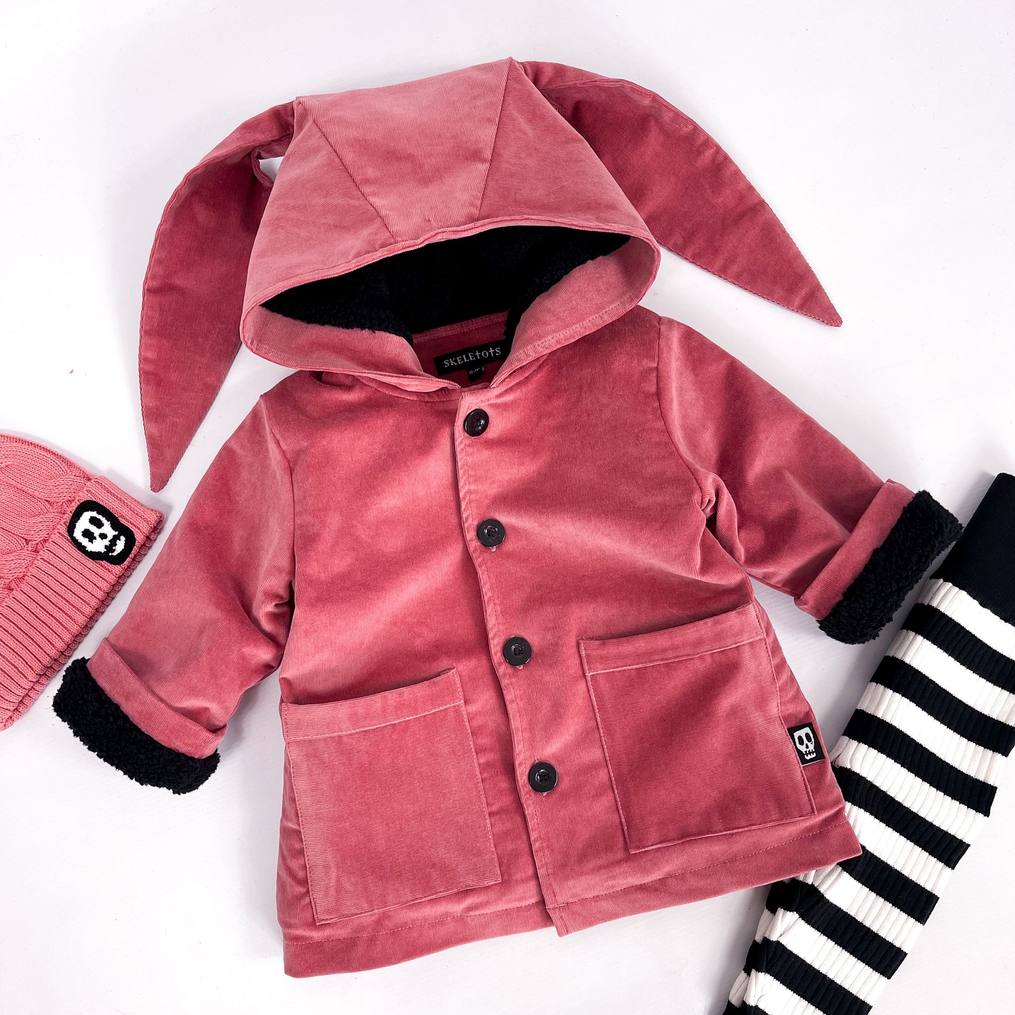 Kids Cord Coat with Bunny Ears - Dusky Rose Pink