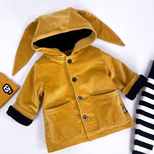 Kids cord coat with bunny ears on hood in mustard yellow