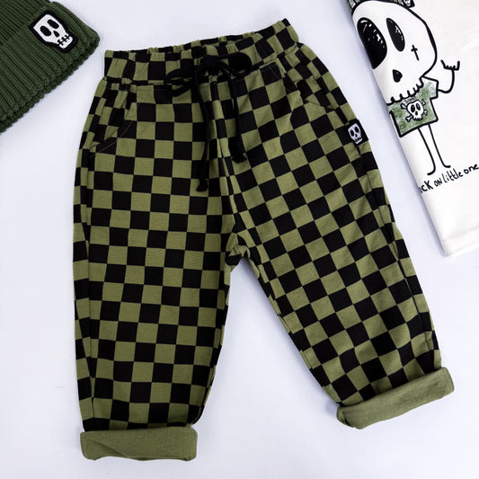 CHECKERBOARD OLIVE GREEN & BLACK TROUSERS