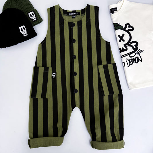 OLIVE GREEN & BLACK STRIPE OVERALL DUNGAREES