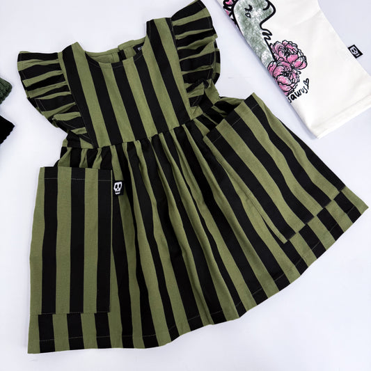 OLIVE GREEN & BLACK STRIPE FRILL SLEEVE DRESS