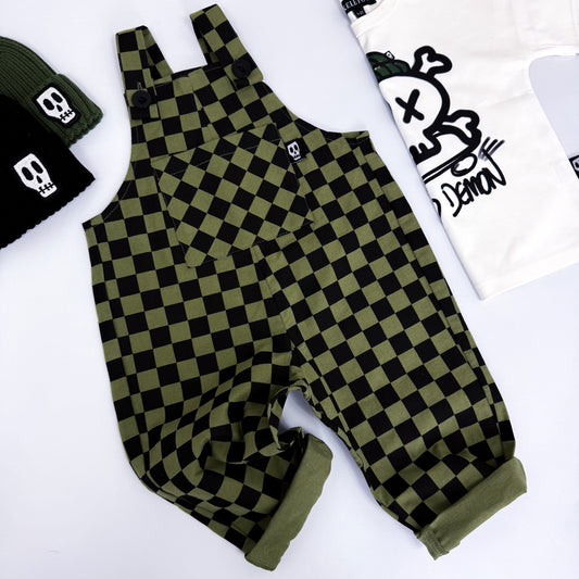 CHECKERBOARD OLIVE GREEN & BLACK DUNGAREES