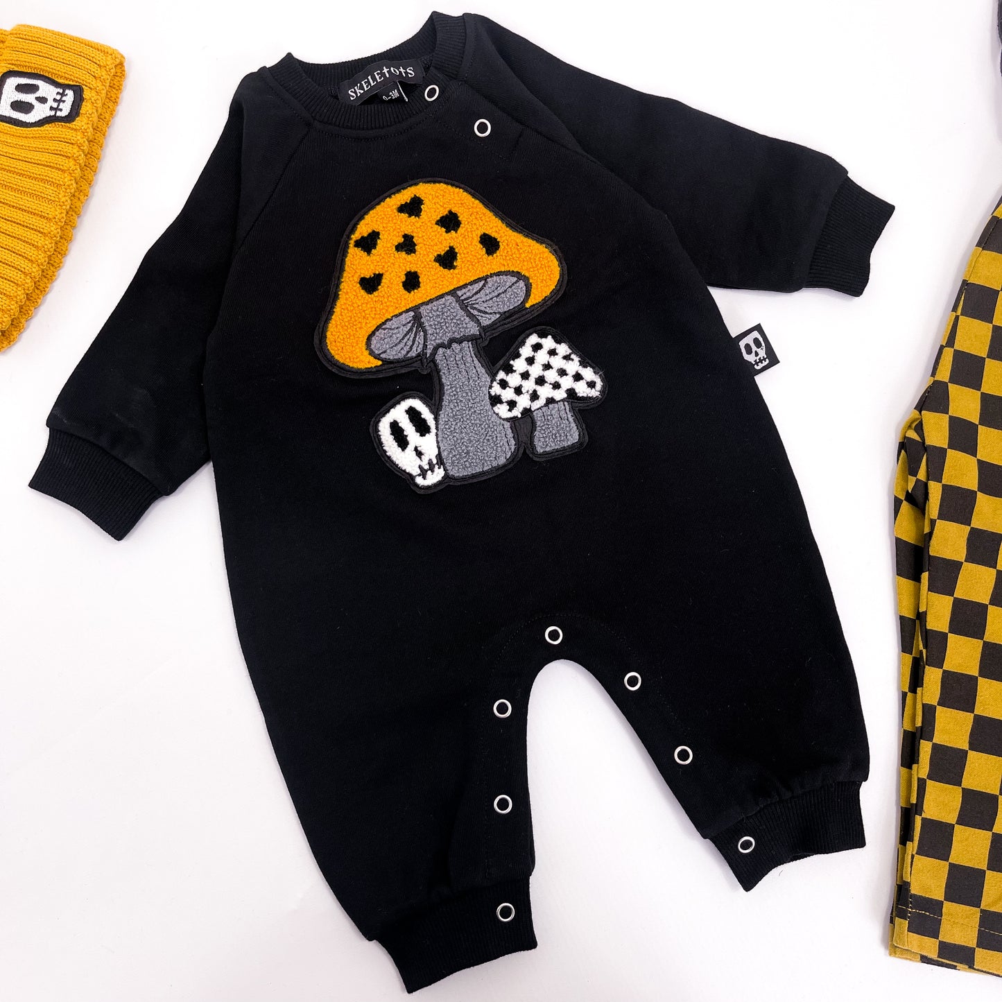 ⚡MUSTARD TOADSTOOL SKULL EMBROIDERED PATCH FOOTLESS ROMPER⚡