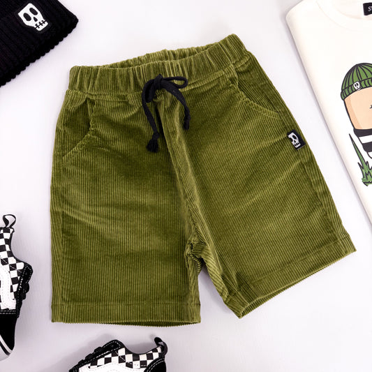 NOT SO BASIC OLIVE GREEN CORD SHORTS