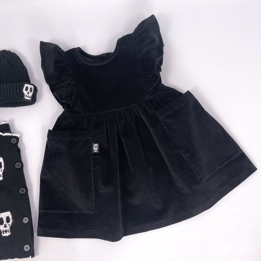 Kids black cord dress with frilled sleeves