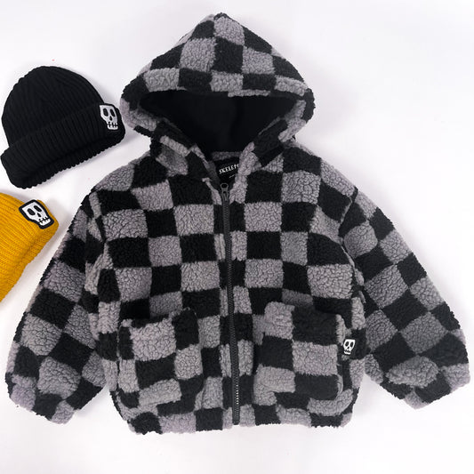 Kids teddy fleece jacket in checkerboard grey and black