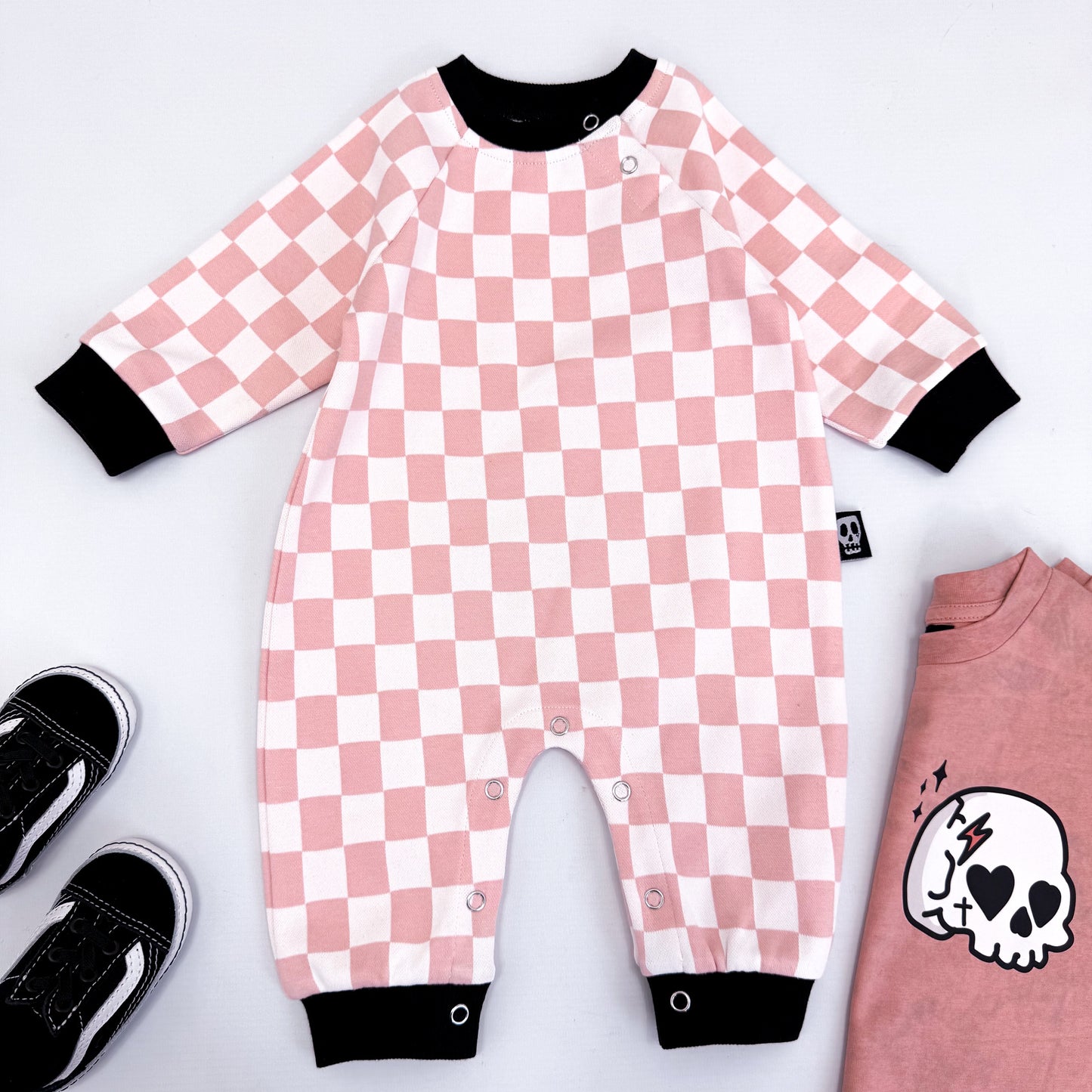 PINK CHECKERBOARD FOOTLESS ROMPER