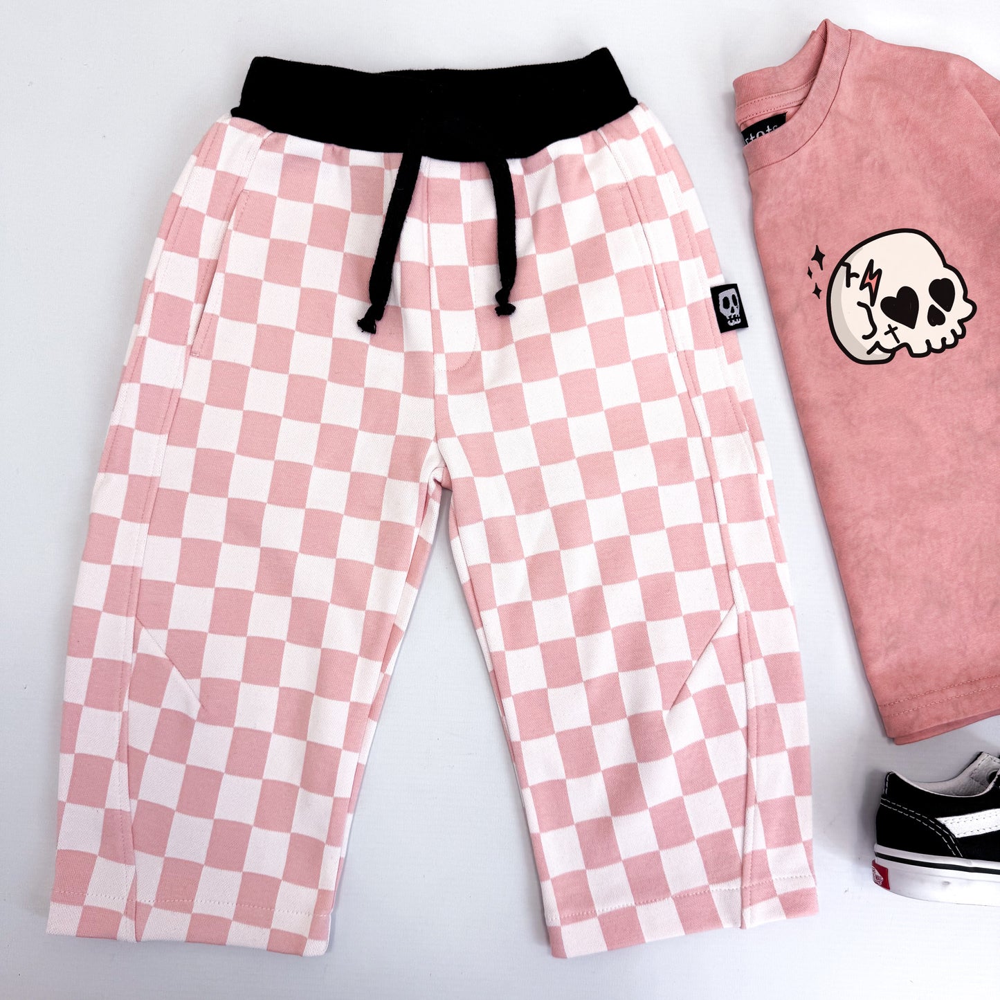 PINK CHECKERBOARD BARREL LEG JOGGERS