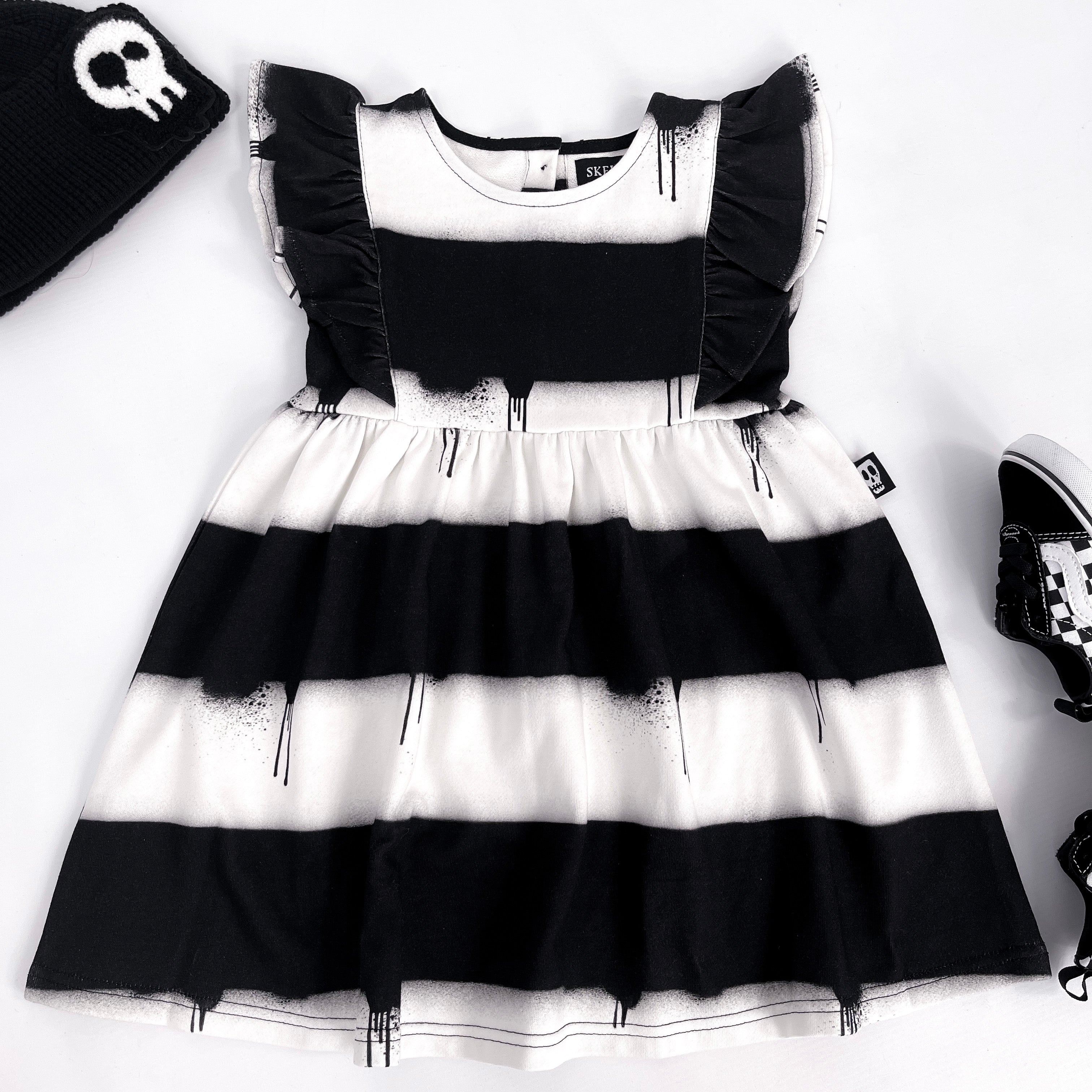 Girls Dress - Black & White Striped with Frill Sleeves & Drip Effect