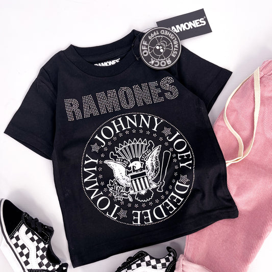 Kids Ramones band t shirt, black with presidential seal design