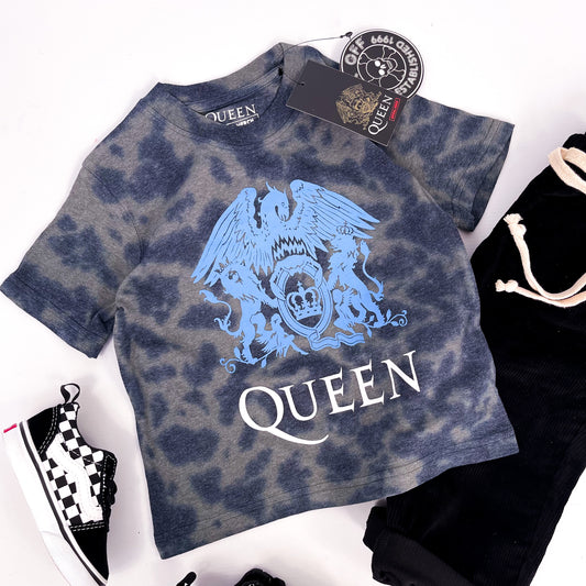 Kids Queen band t shirt with blue crest on tie dye background