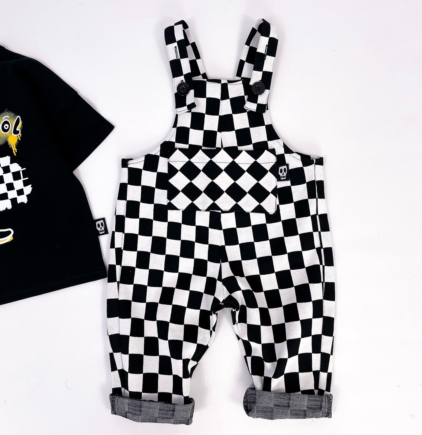 CHECKERBOARD BLACK & WHITE DUNGAREES
