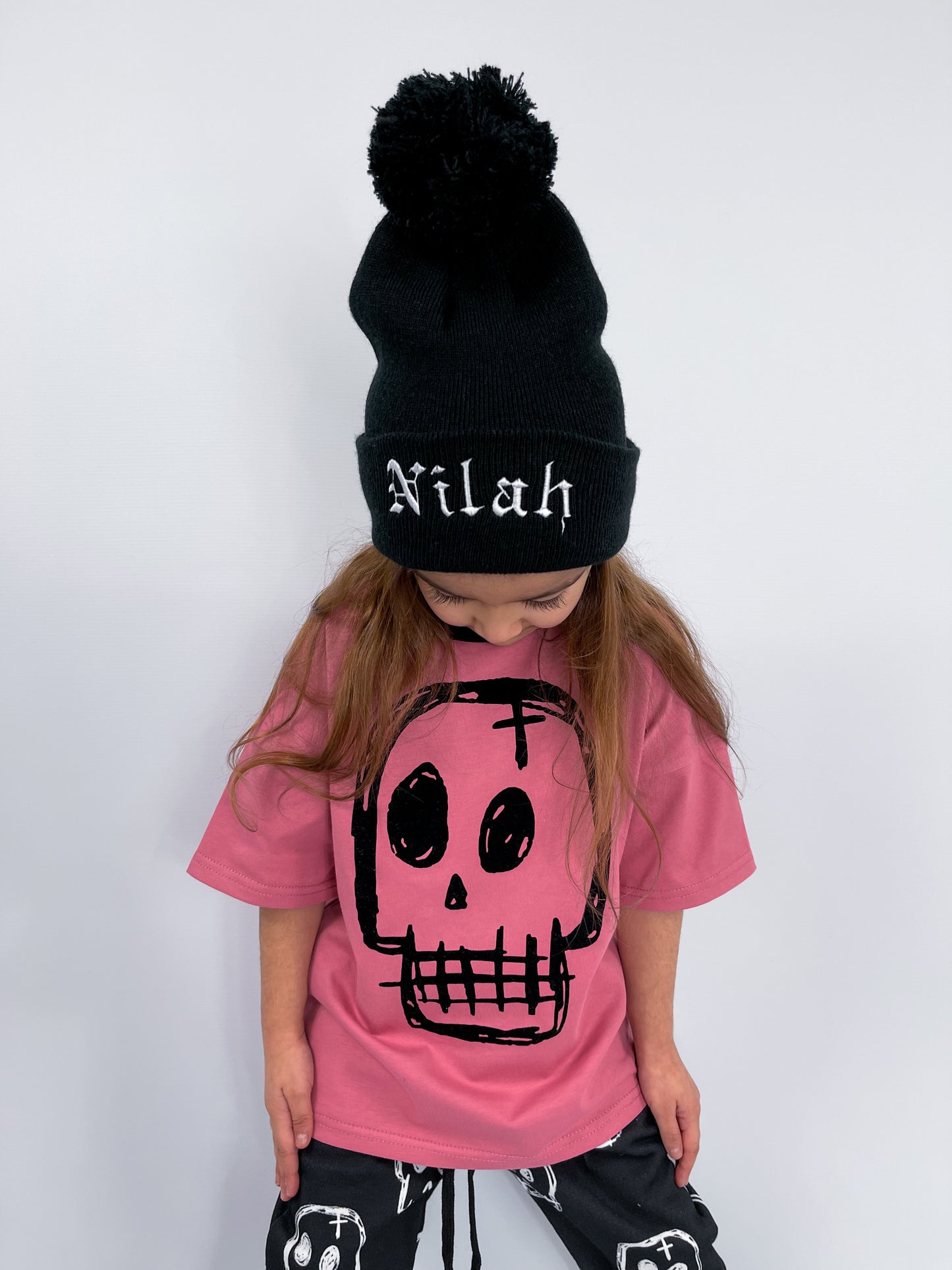 PERSONALISED GOTHIC NAME BOBBLE KNIT HAT
