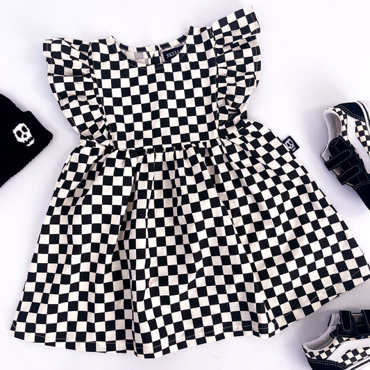 CHECKERBOARD BLACK & CREAM FRILL SLEEVE DRESS