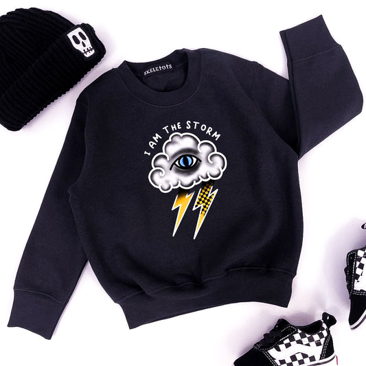 Kids black sweatshirt with storm cloud and "I am the storm" printed on