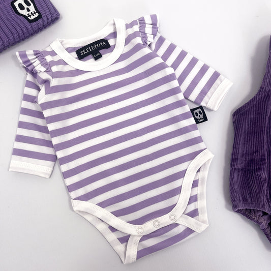 NOT SO BASIC FRILL SLEEVE DUSKY LILAC STRIPE BODYSUIT