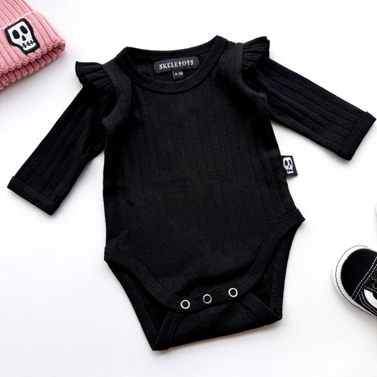 BABY POINTELLE FRILL SLEEVE BLACK BODYSUIT