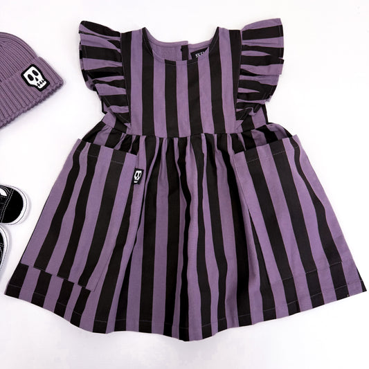 SMOKEY LILAC & BLACK STRIPE FRILL SLEEVE DRESS
