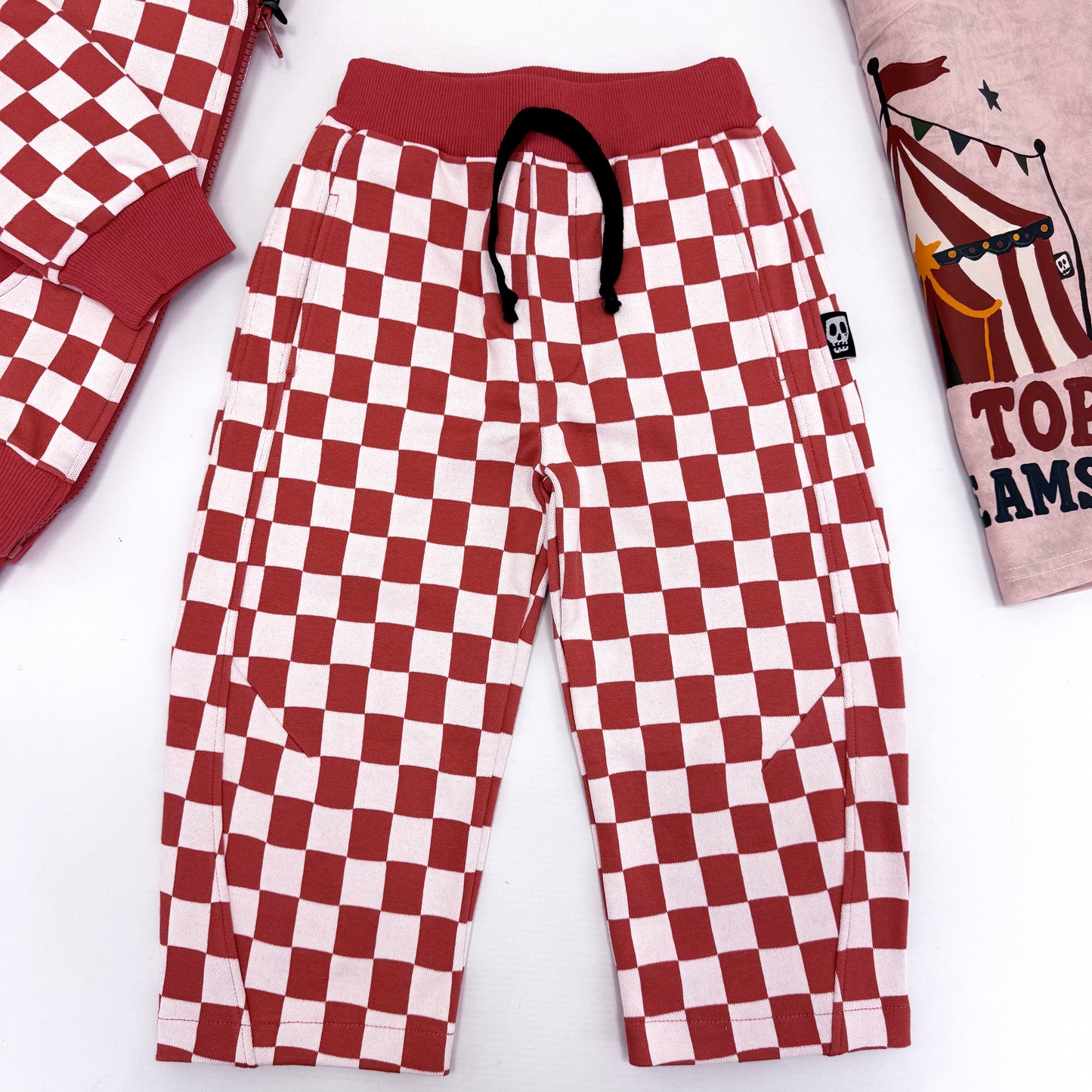 RED CHECKERBOARD BARREL LEG JOGGERS