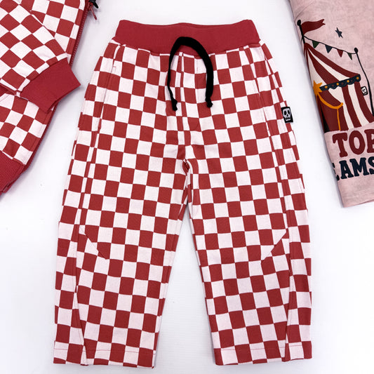 RED CHECKERBOARD BARREL LEG JOGGERS