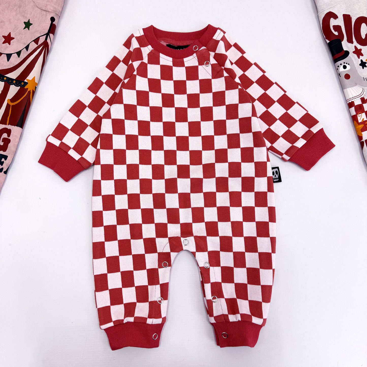 RED CHECKERBOARD FOOTLESS ROMPER