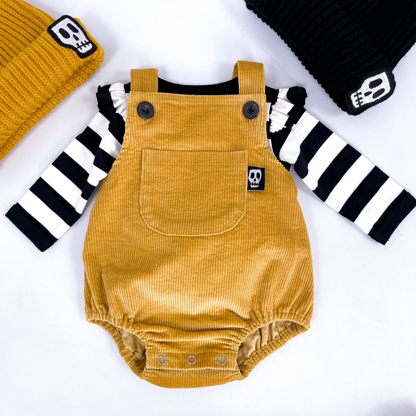 NOT SO BASIC MUSTARD CORD BABY ROMPERS