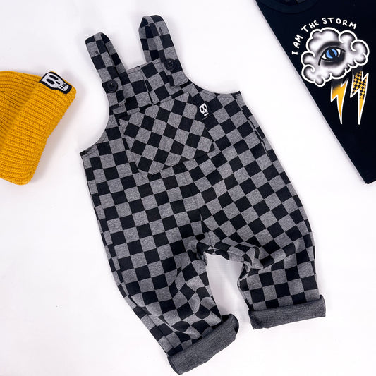 Kids dungarees in checkerboard grey and black