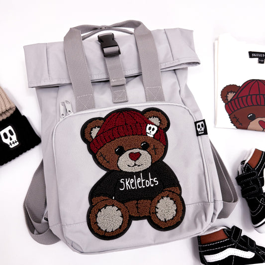 BEAR PATCH ROLL TOP GREY BACKPACK BAG
